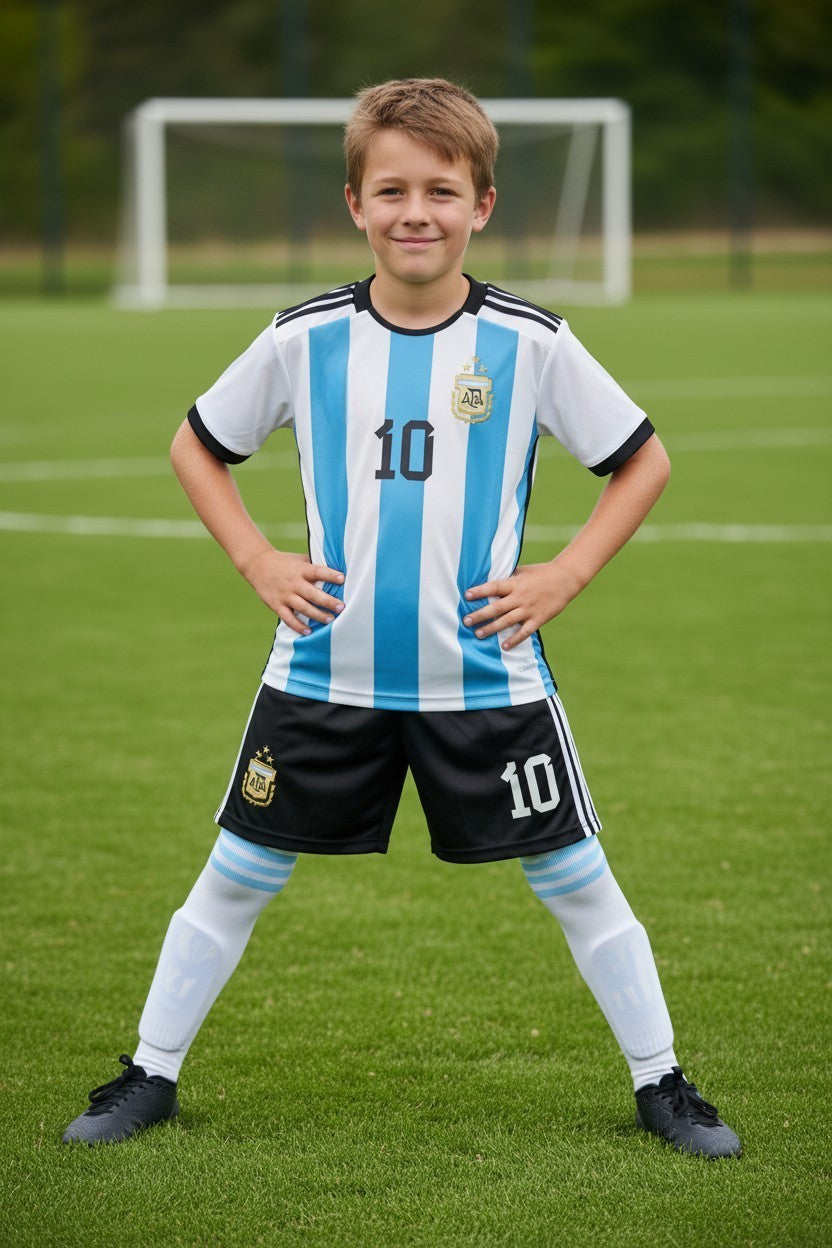 Tenue de foot enfant complète 3 pièces – Maillot, short & chaussettes différents styles  ⚽