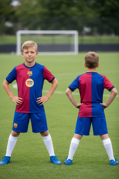Tenue football enfant personnalisable style club espagnol – bleu et rouge