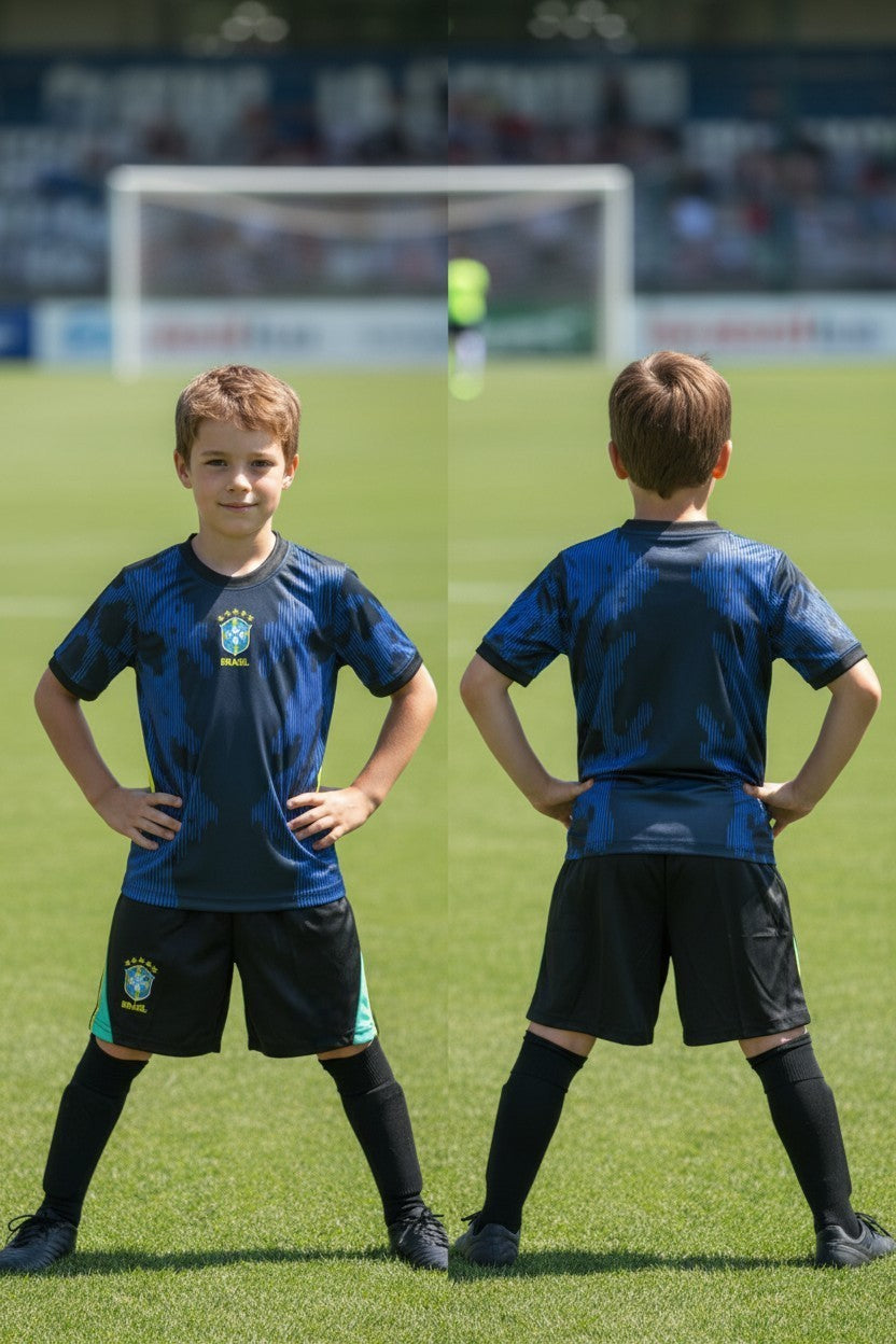Tenue football enfant style Brésil personnalisable – coloris bleu