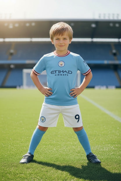 Tenue football enfant style club anglais bleu – 3 pièces