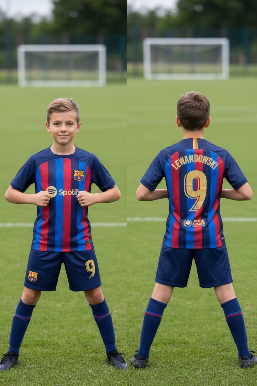 Tenue foot enfant ⚽ – Style clu Espagnol bleu et rouge N°9 – Ensemble complet