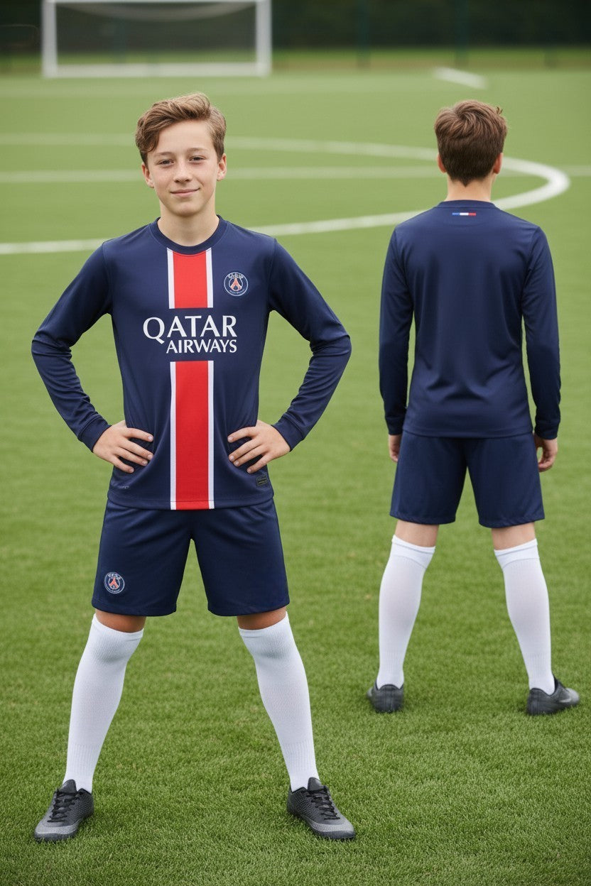 Tenue football enfant personnalisable style parisien – manches longues bleu et rouge