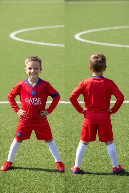 Tenue football enfant personnalisable style parisien – manches longues rouges