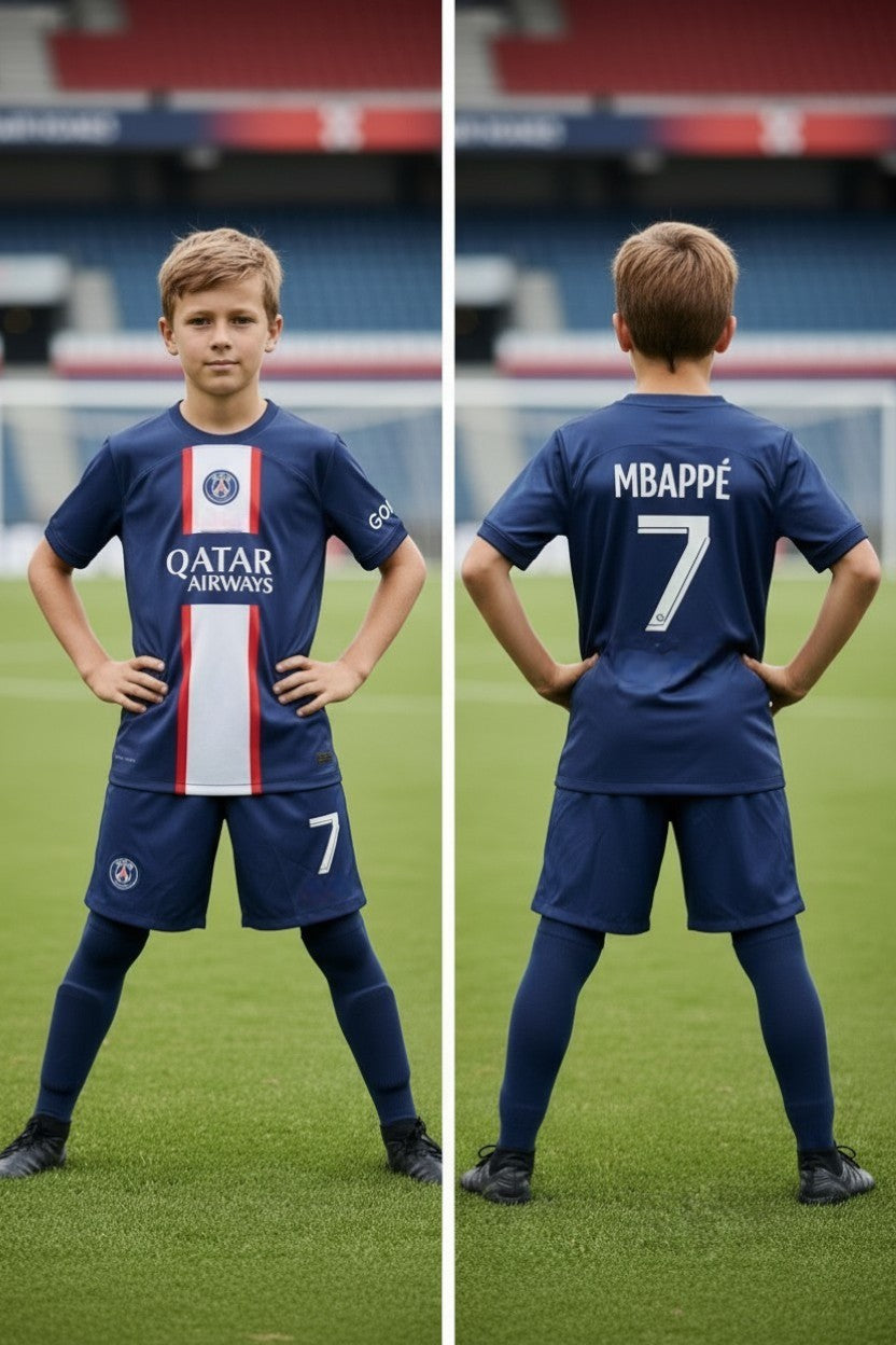 Tenue football enfant – variante parisienne bleu et rouge