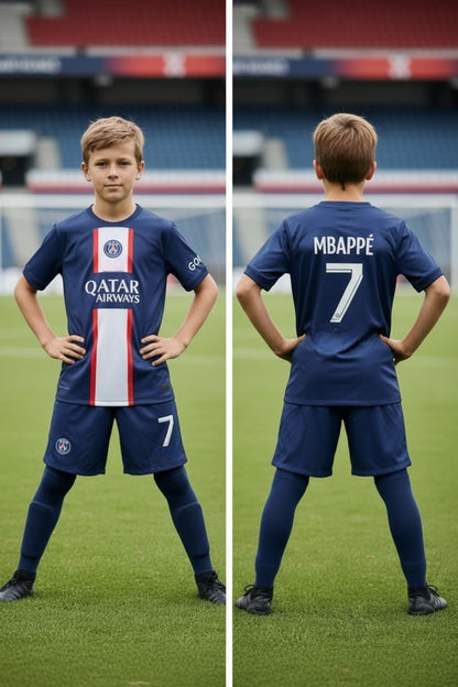 Tenue football enfant – variante parisienne bleu et rouge
