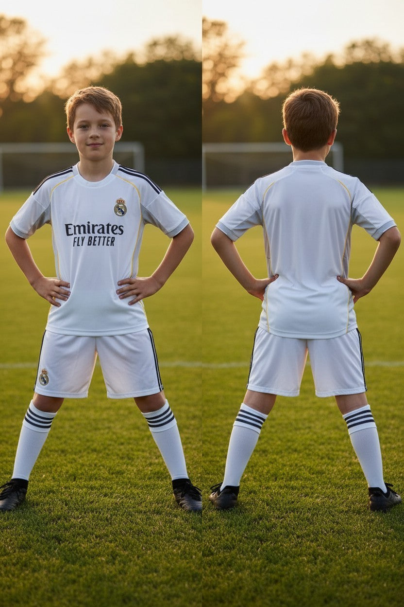 Tenue football enfant personnalisable style club espagnol – variante blanche
