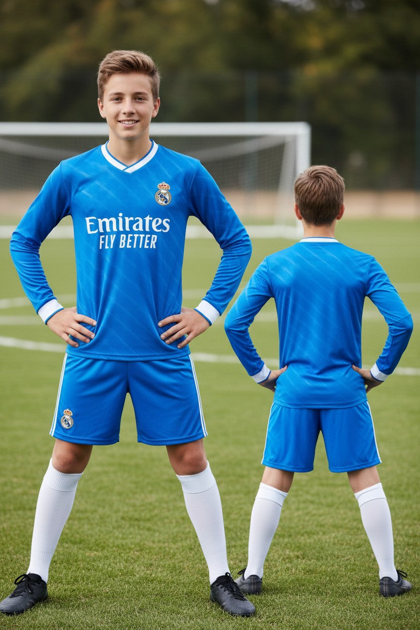 Tenue football enfant personnalisable style club espagnol – variante bleue